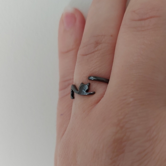 925 Sterling Silver Black Gold Plated Cat Adjustable Ring - Picture 8 of 8